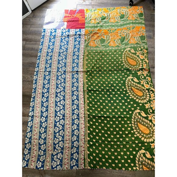 Vintage Kantha Patchwork Quilt Handmade India Bohemian 90x62 Twin Size Cotton - Picture 1 of 8